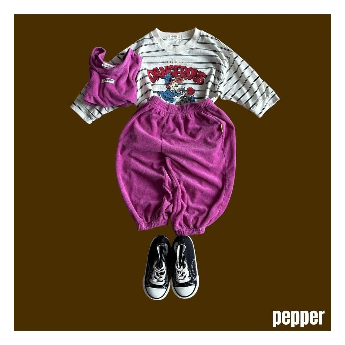 PEPPER ブルドッグ柄ボーダーTシャツ